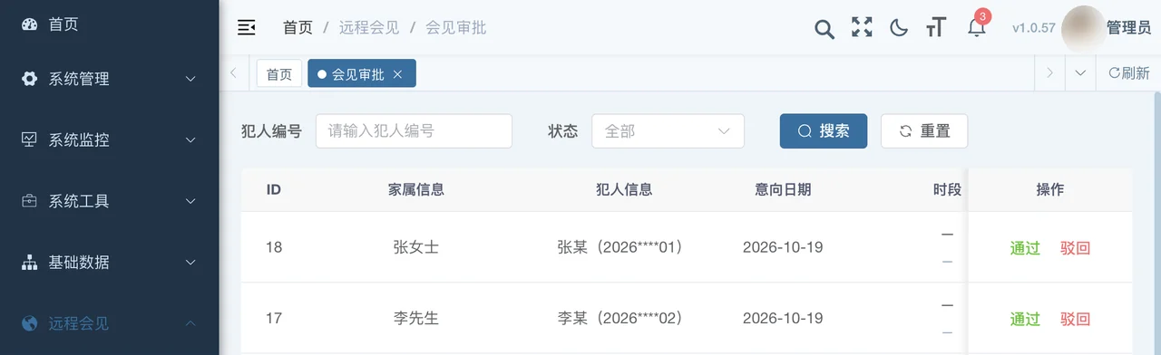 会见审批界面：家属信息、罪犯信息、意向日期、时段与通过/驳回操作