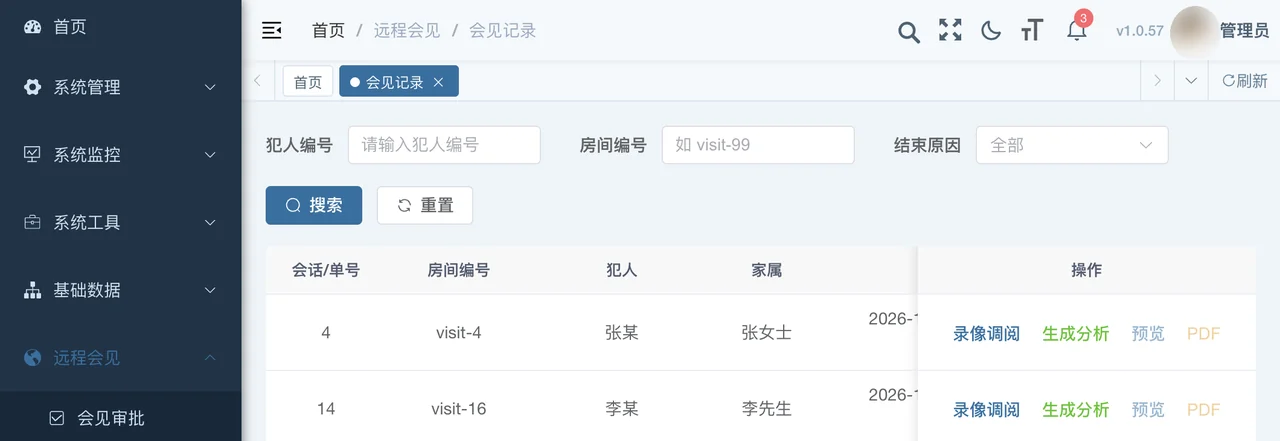 会见记录界面：录像调阅、生成分析、预览与 PDF 导出